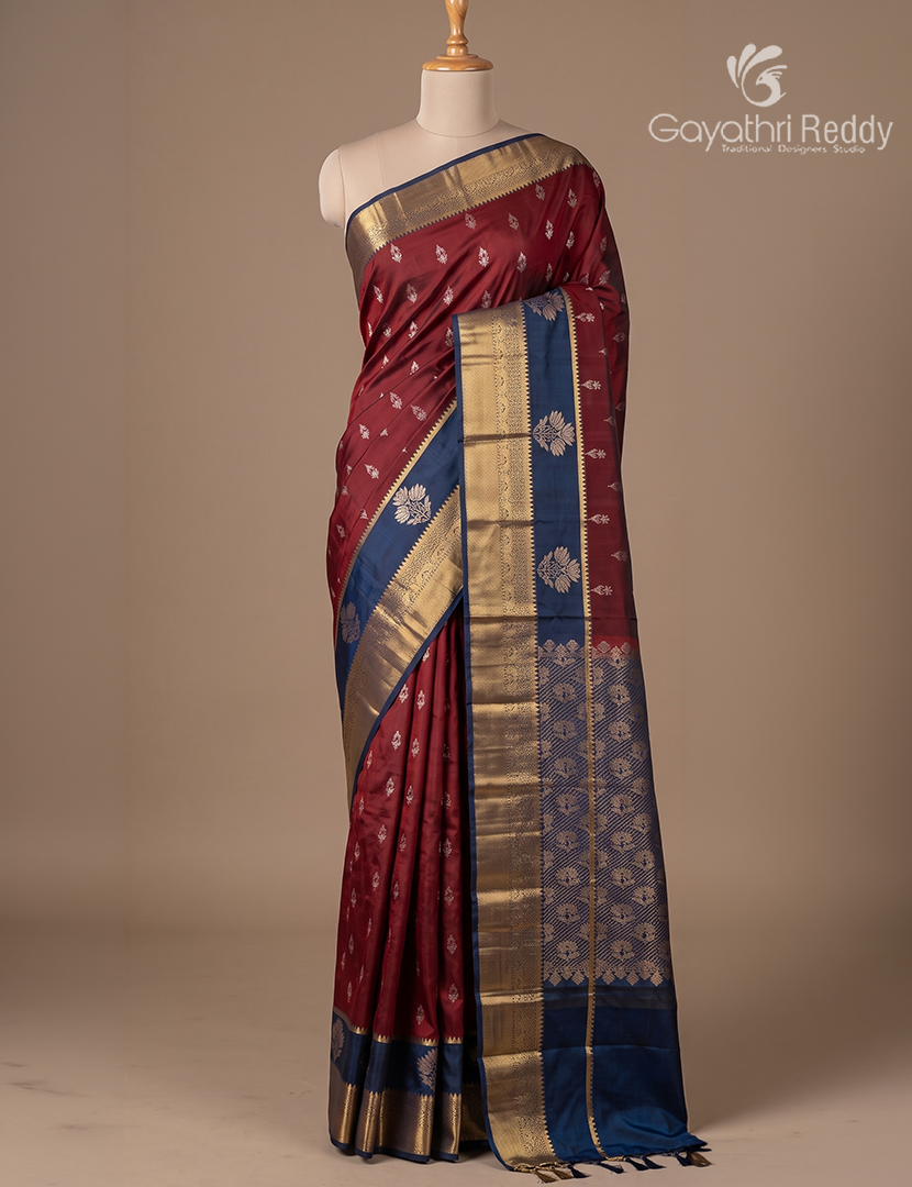 Pure Kanchipuram Silk Saree in Deep Maroon and Deep Peacock Blue