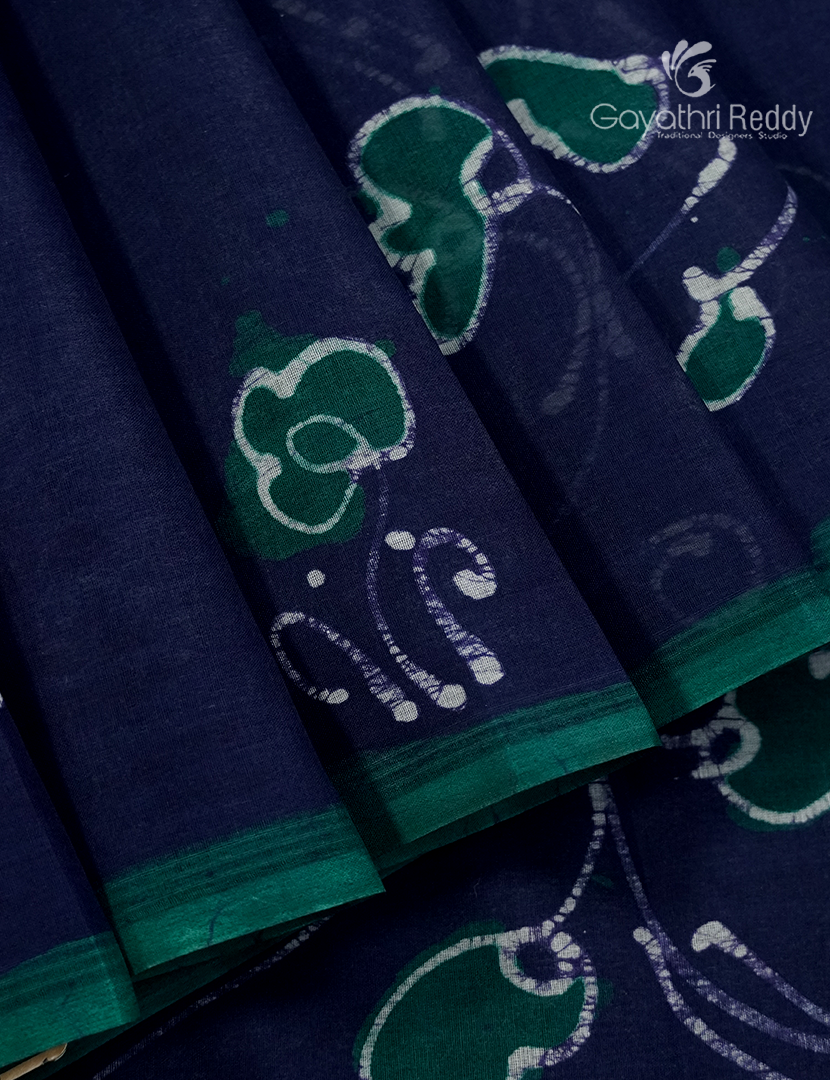 Cotton Batik Print Saree in Navy Blue