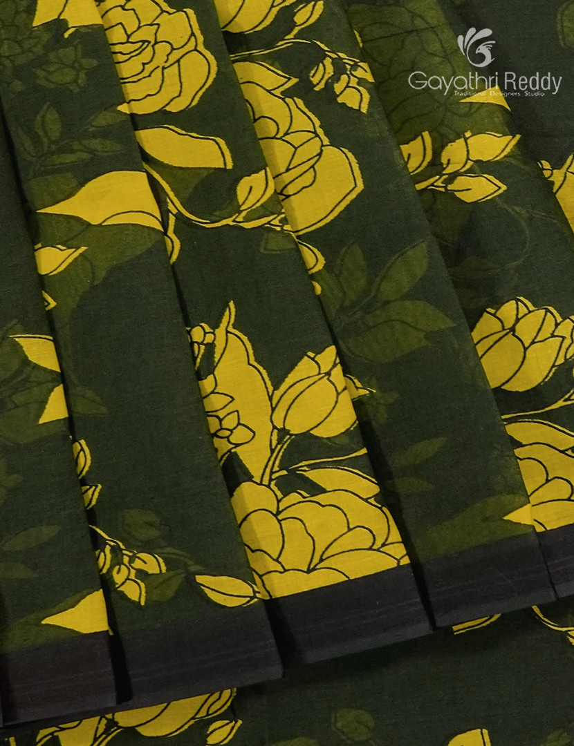 Pure MulMul Cotton Saree in Deep Bottle Green and Black