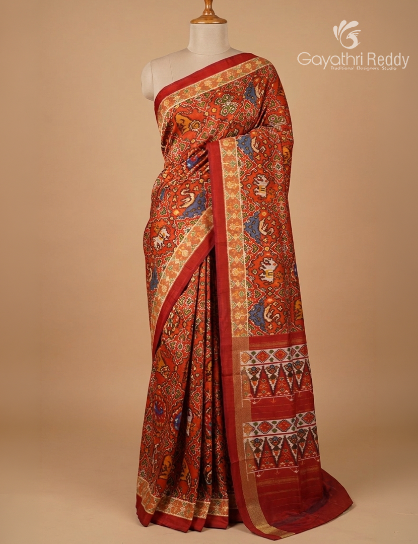 Pure Ikat Silk Saree in Orange and Red