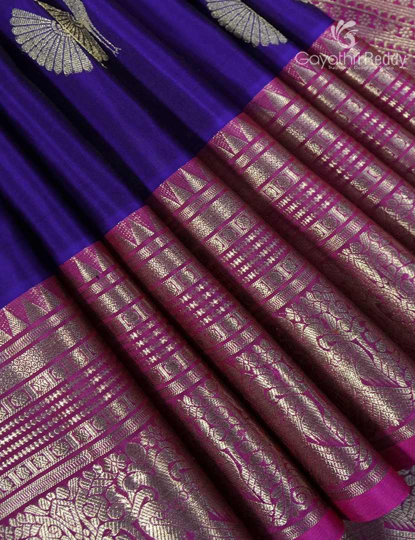 Pure Venkatagiri Silk Saree in Deep Blue and Deep Magenta