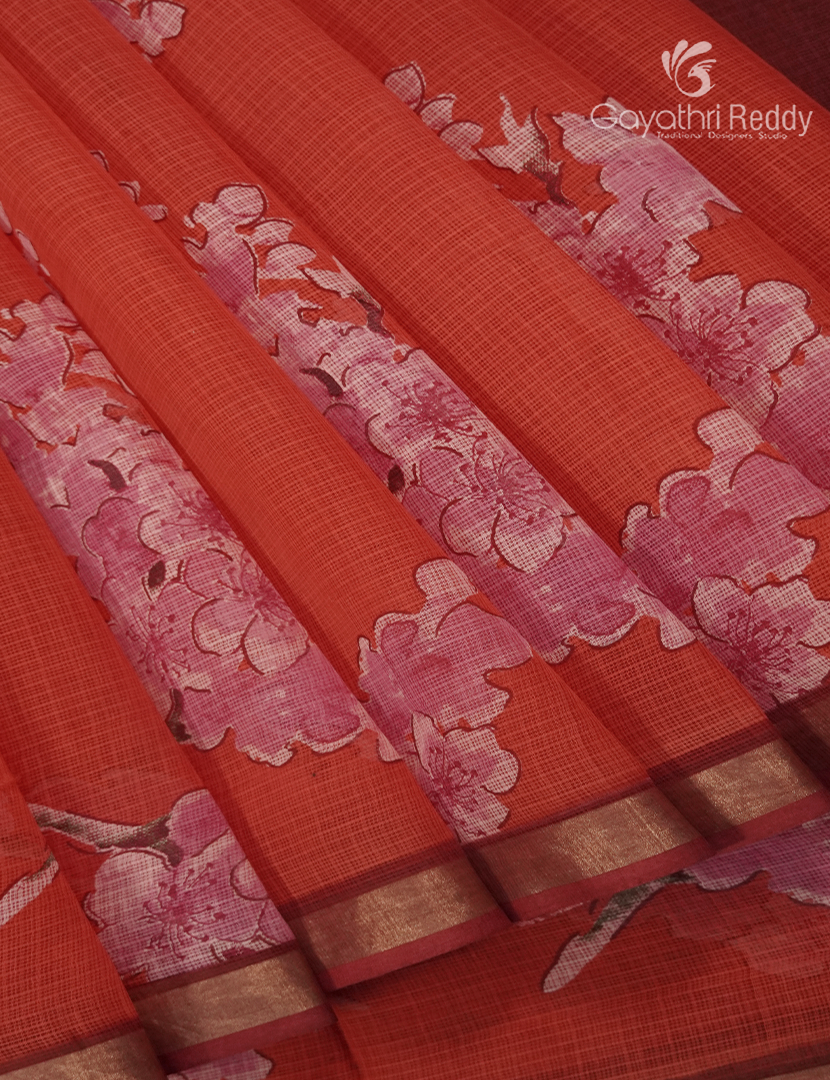 Premium Quality Cotton Kota Saree in Orange and Maroon