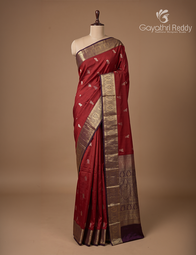Semi Kanchipuram Silk Saree in Deep Maroon and Bottle Green