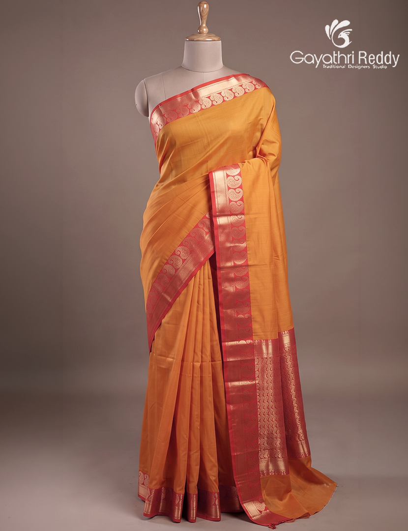 Pure Kanchipuram Sico Saree in  Mustard and Red