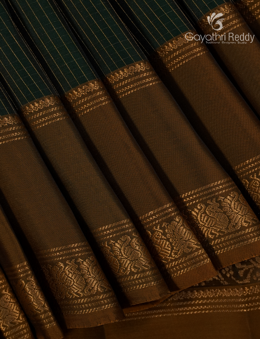 Pure  Kanchipuram Light Weight Silk Saree in Bottle Green and Deep Mustard