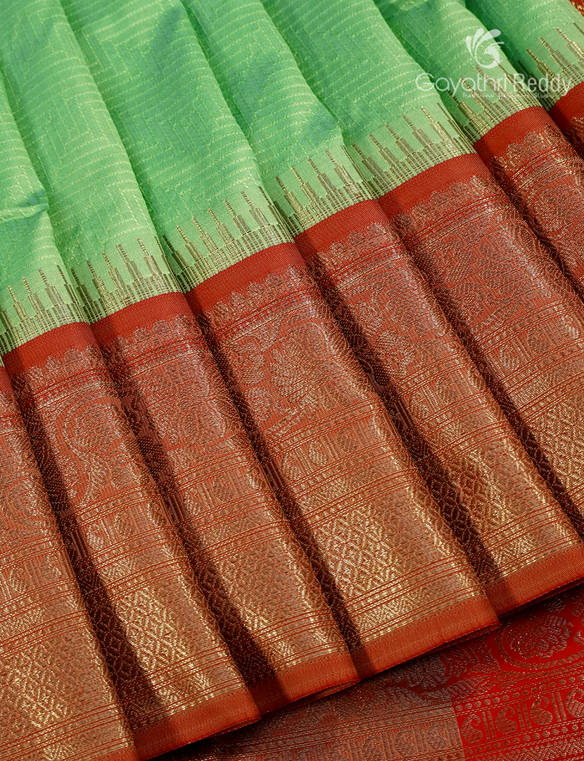 Semi Katan Silk Saree in Mint Green and Red