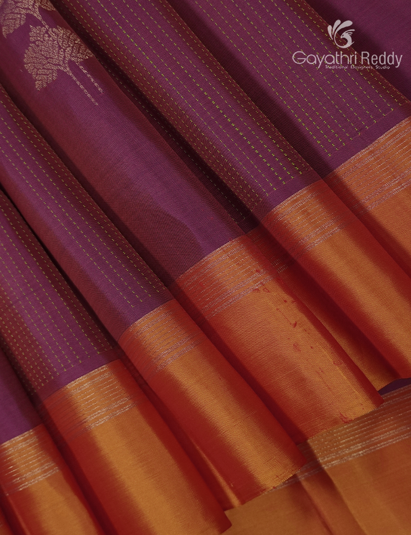 Pure  Kanchipuram Light Weight Silk Saree in Plum and ORange