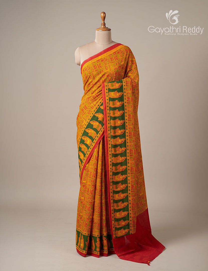 Pure MulMul Cotton Saree in Mehendi Green and Orange