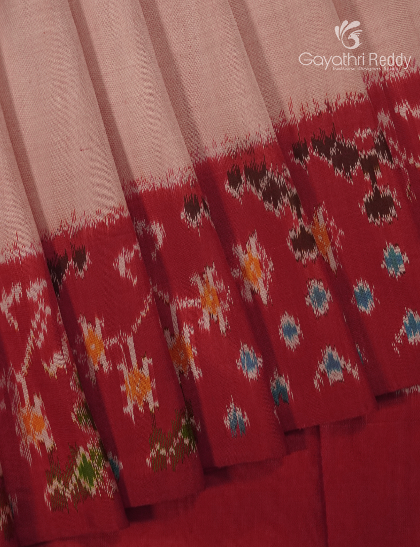 Pure Ikat Silk Saree in Peach and Red