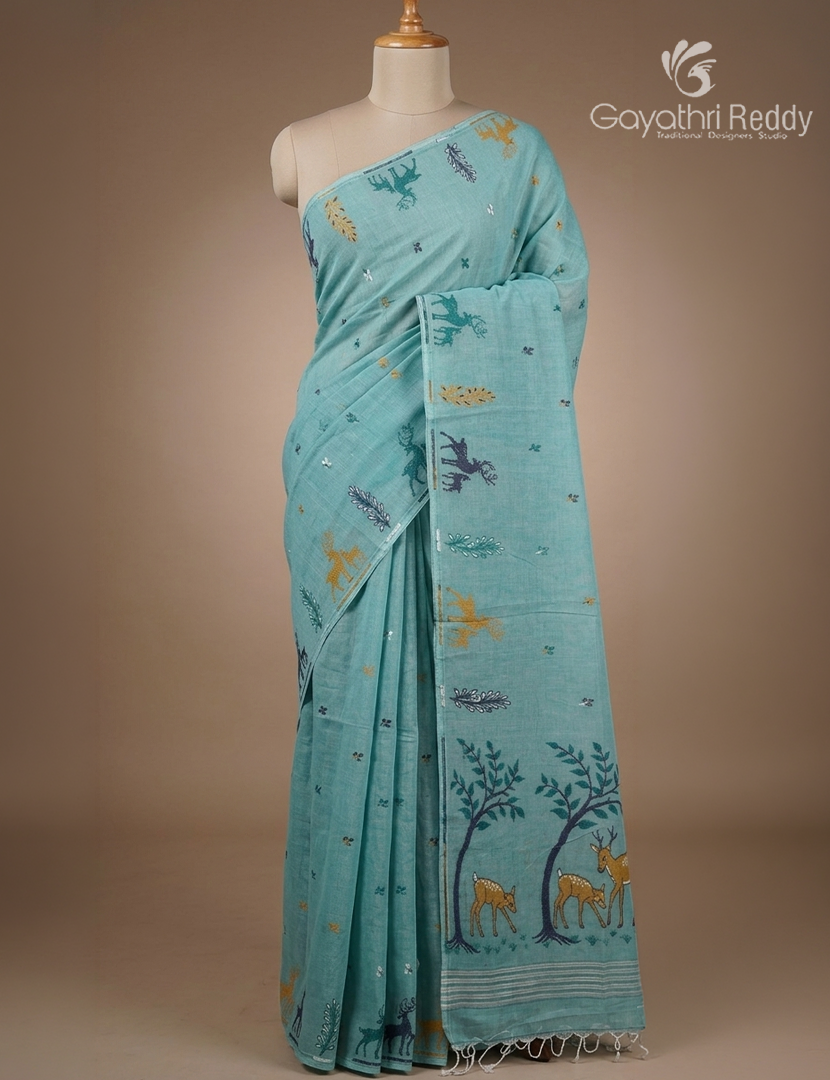 Jamdani Cotton Saree in Teal Blue