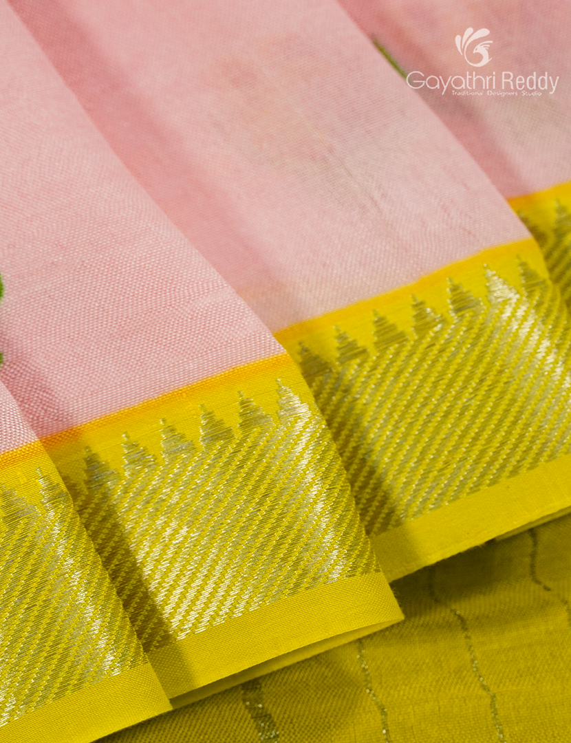 Mangalagiri Pattu Saree in Baby Peach and Lime