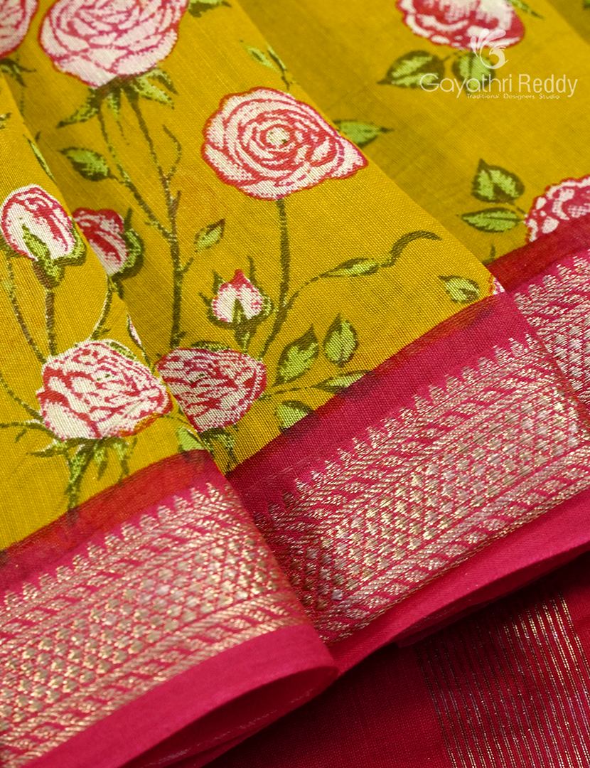 Pure Maheshwari Silk Saree in Mustard and Berry Red