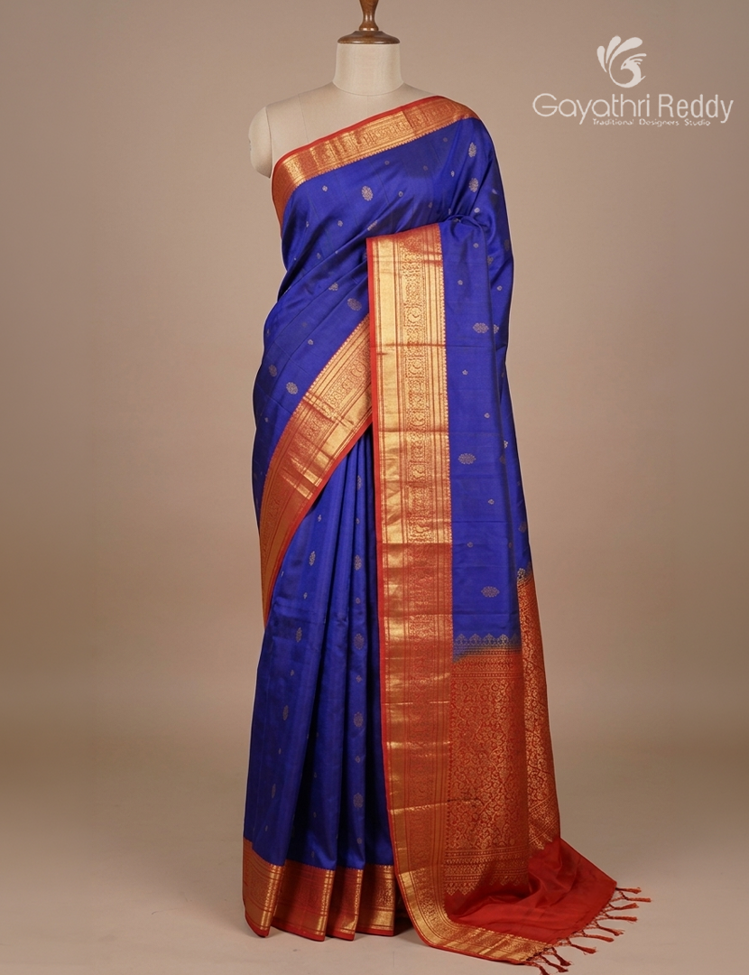 Pure Kanchipuram Soft Silk Saree in Royal Blue and Rust