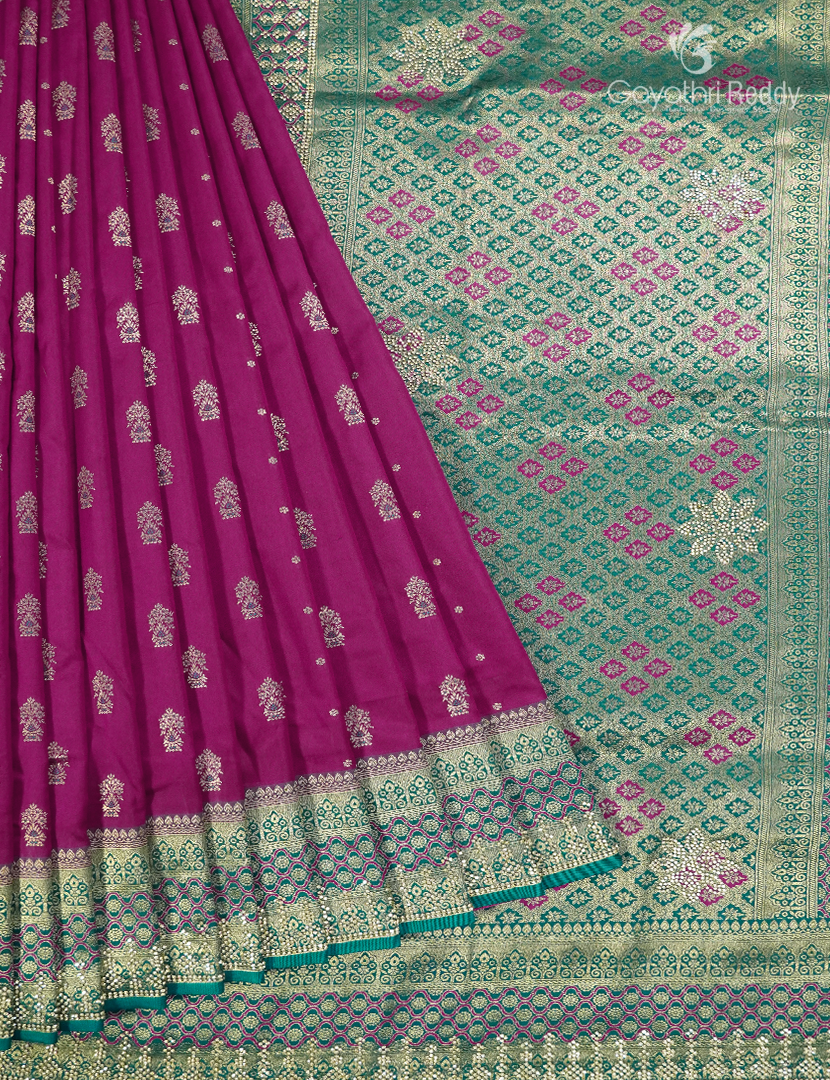 Semi Kanchipuram Silk Fancy Saree in Deep Magenta andd Sea Foam Green