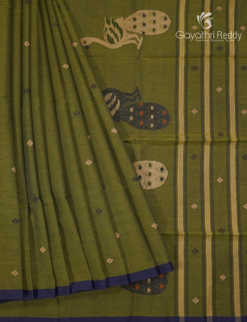 Jamdani Cotton Saree in Deep Olive Green