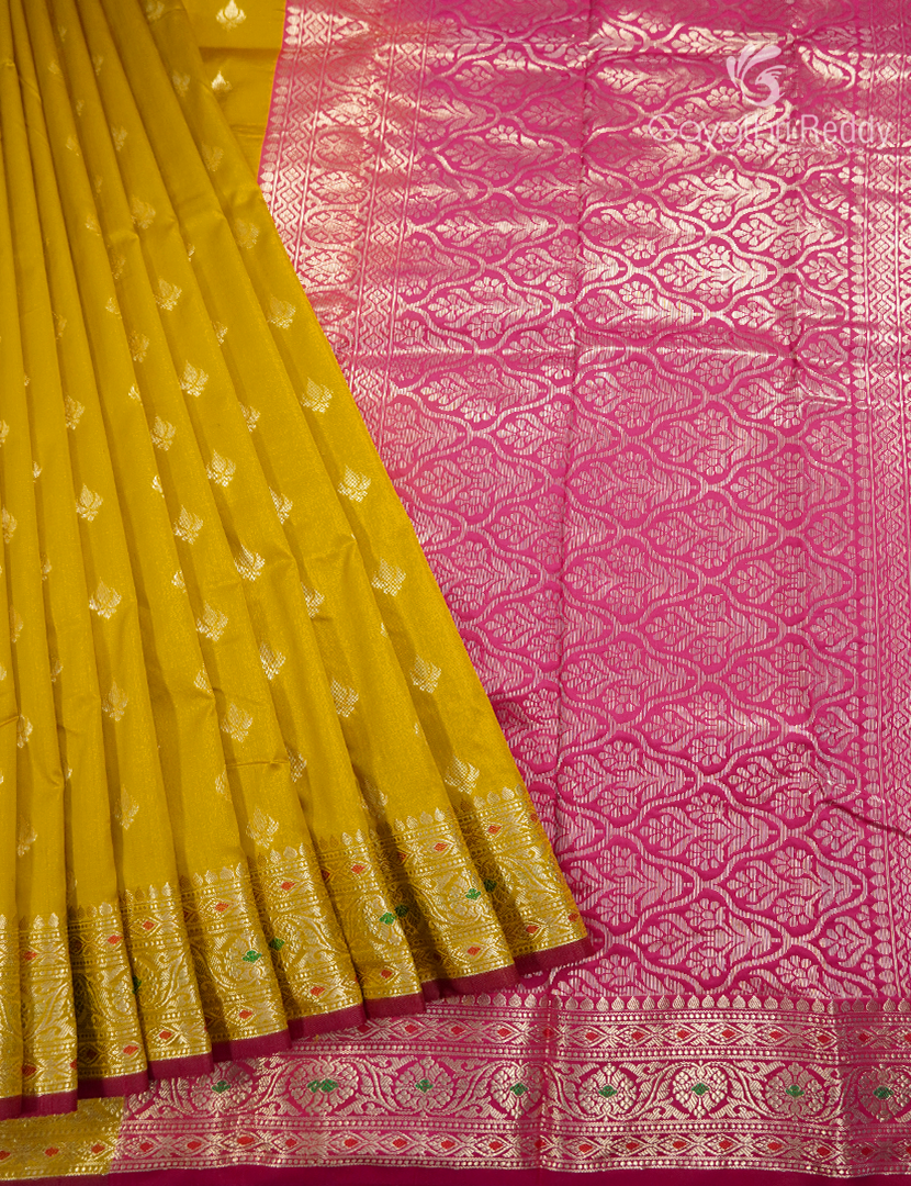 Semi Banaras Katan Silk Saree in Khakhi and Rani Pink