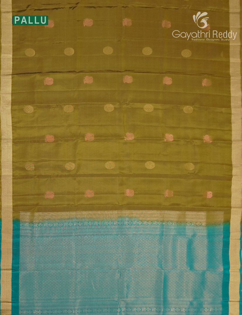 Pure Kanchipuram Silk Saree in Mehendi Green and Teal Blue (Small Border )