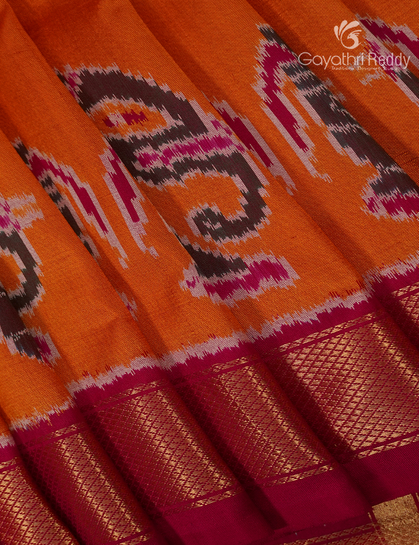 Pure Ikat Silk Saree in Orange and Pink