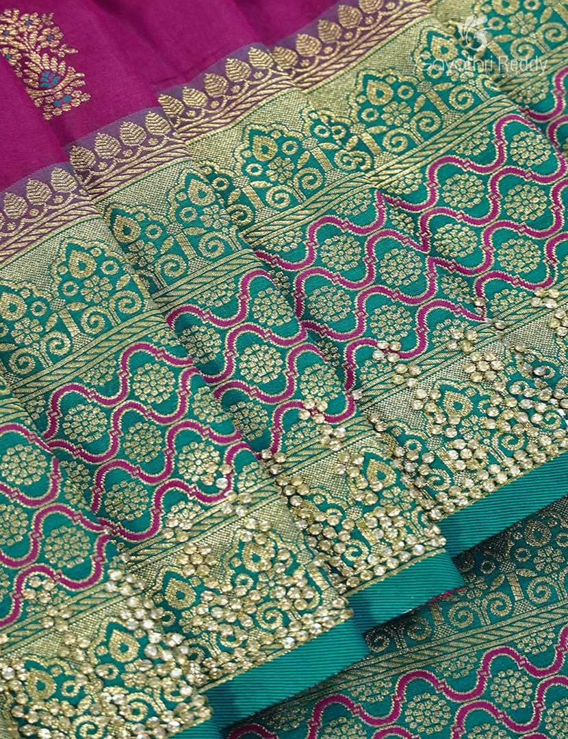 Semi Kanchipuram Silk Fancy Saree in Deep Magenta andd Sea Foam Green