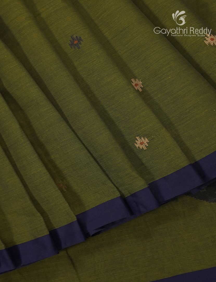 Jamdani Cotton Saree in Deep Olive Green