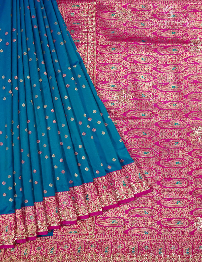 Semi Kanchipuram Silk Fancy Saree in Deep Rama Blue and Rani Pink