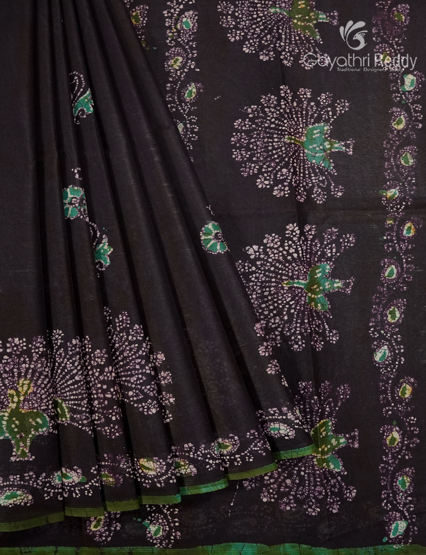 Cotton Batik Print Saree in Deep Brown