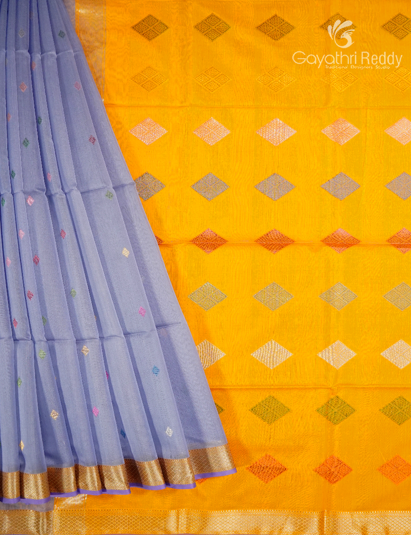 Pure Chanderi Sico Saree in Grey and Yellow