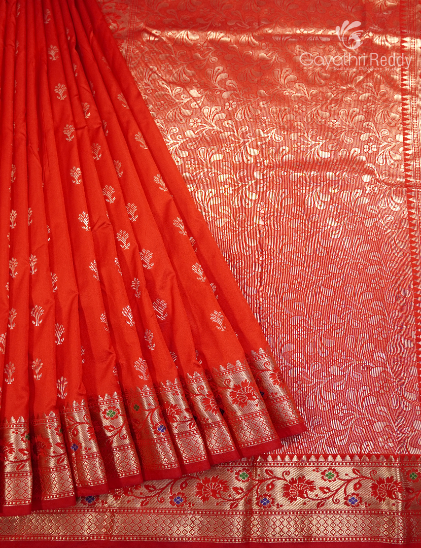 Semi Banaras Katan Silk Saree in Orange and Red
