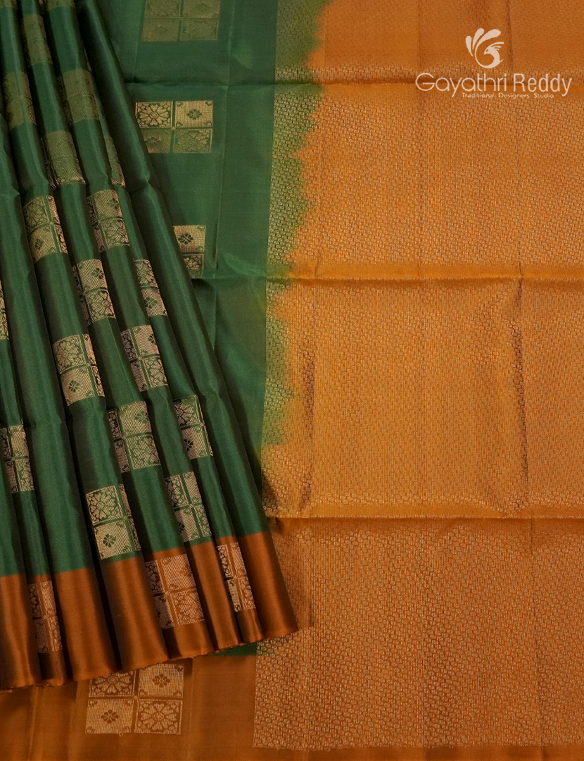 Pure Kanchipuram Soft Silk Saree in Green and Orange