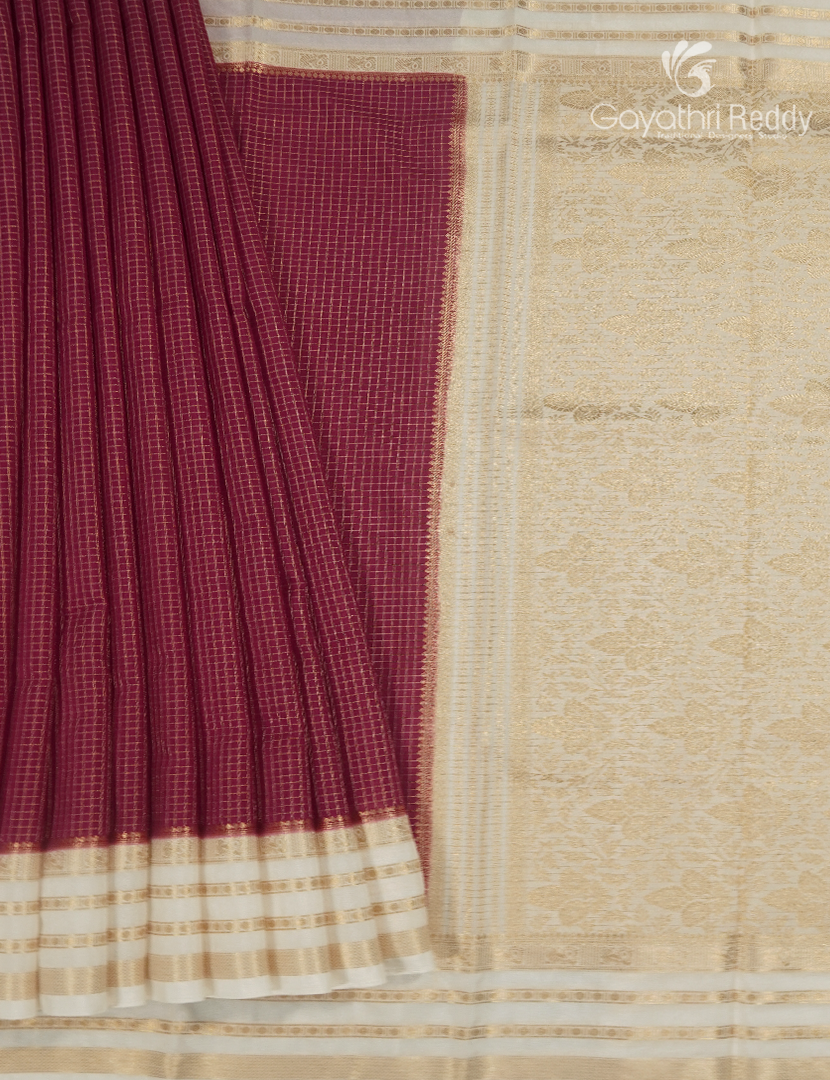 Semi Mysore Crepe Saree in Burgundy and White