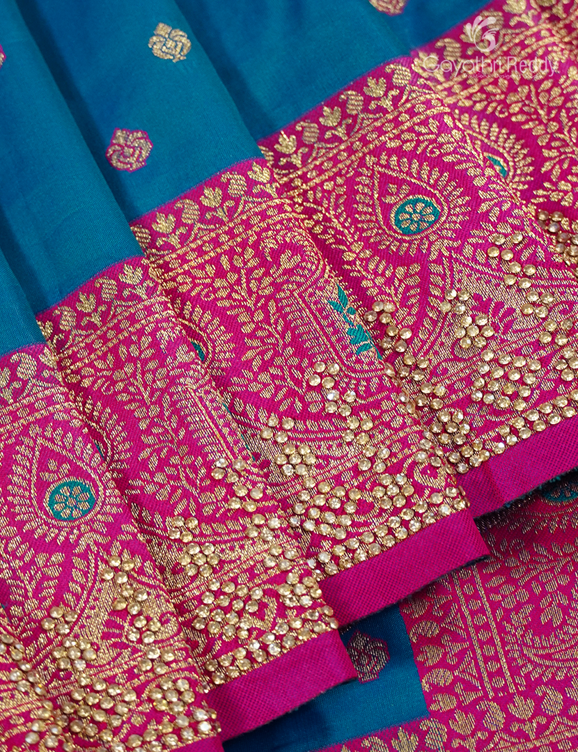Semi Kanchipuram Silk Fancy Saree in Deep Rama Blue and Rani Pink