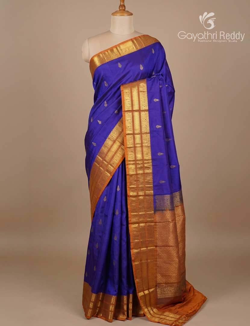Pure Kanchipuram Silk Saree in Blue and Mustard