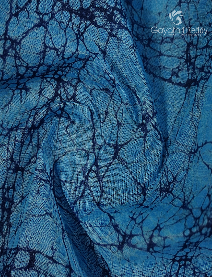Cotton Batik Print Saree in Navy blue and Sky blue