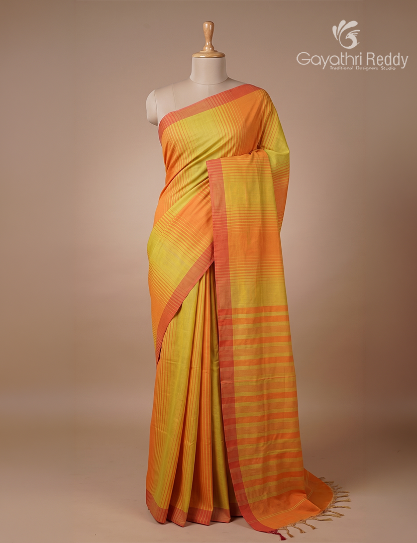 Pure Handloom Cotton Saree in Orange and Mustard