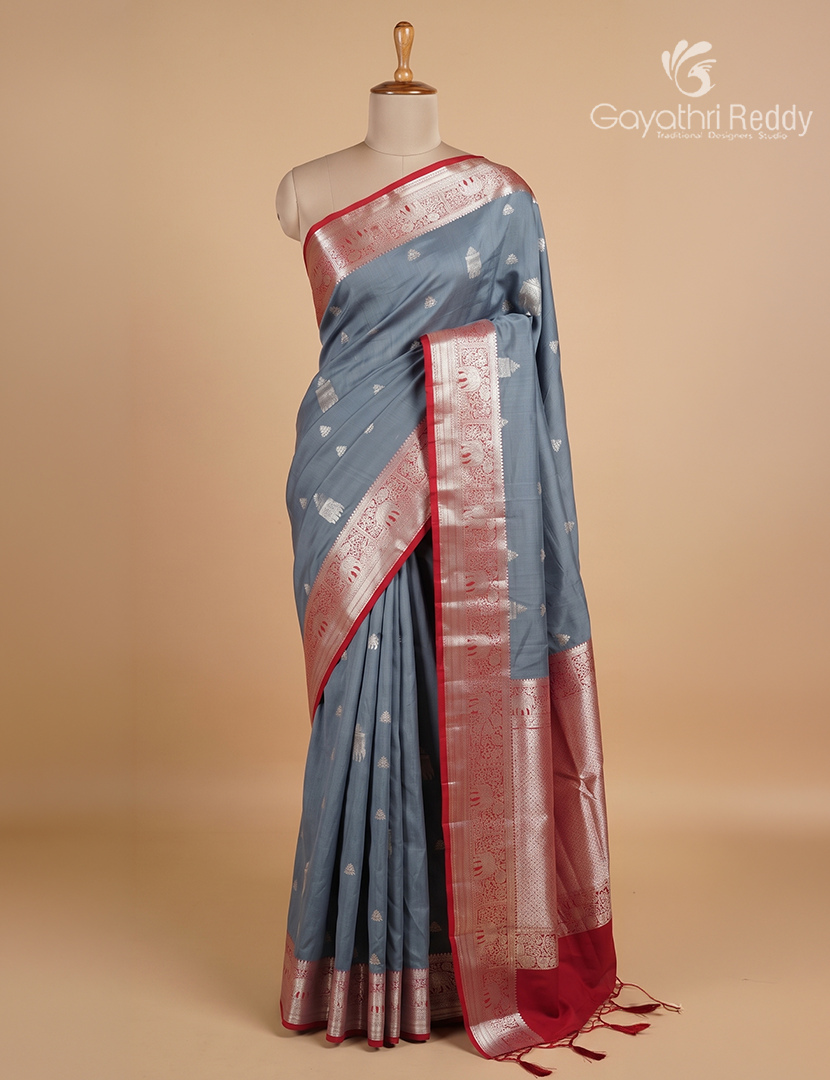 Soft Silk Saree in Grey and Red