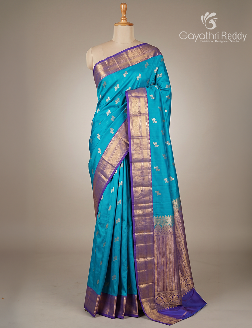Pure Kanchipuram Silk Saree in Deep Peacock Blue and Purple (Medium Borders )-KP8777