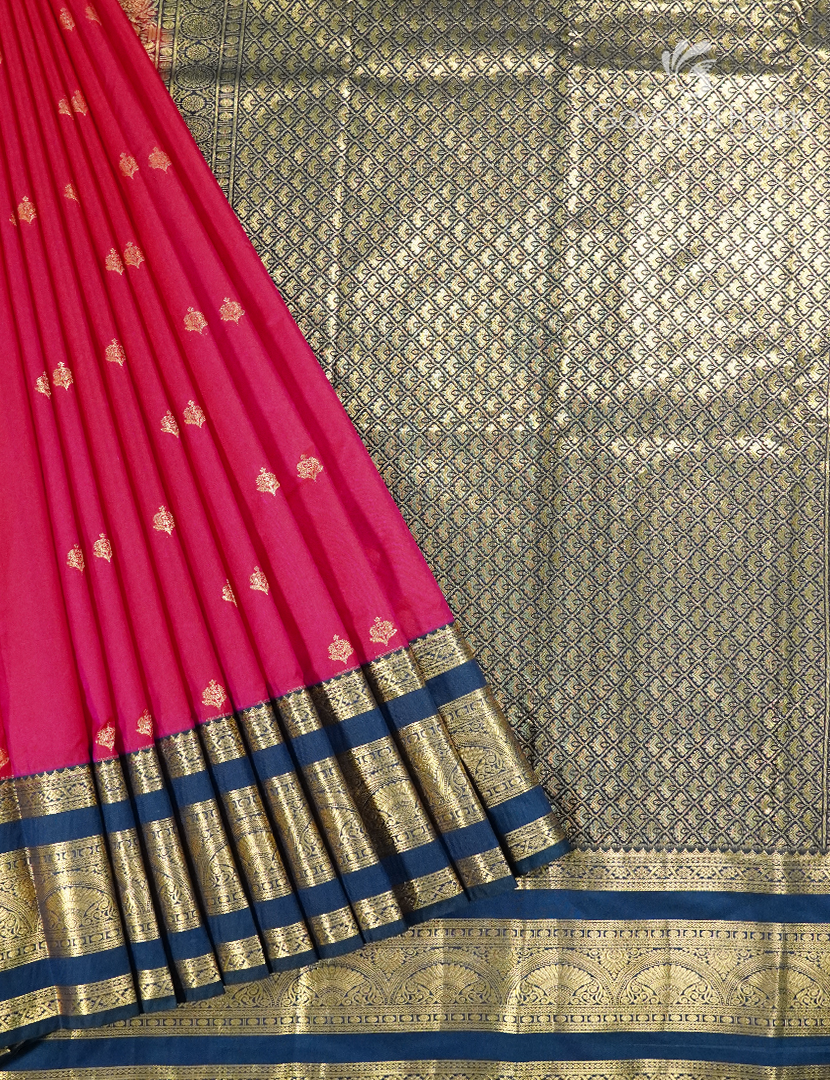 Semi Kanchipuram Silk Saree in Fuchsia Pink and Deep Peacock Green