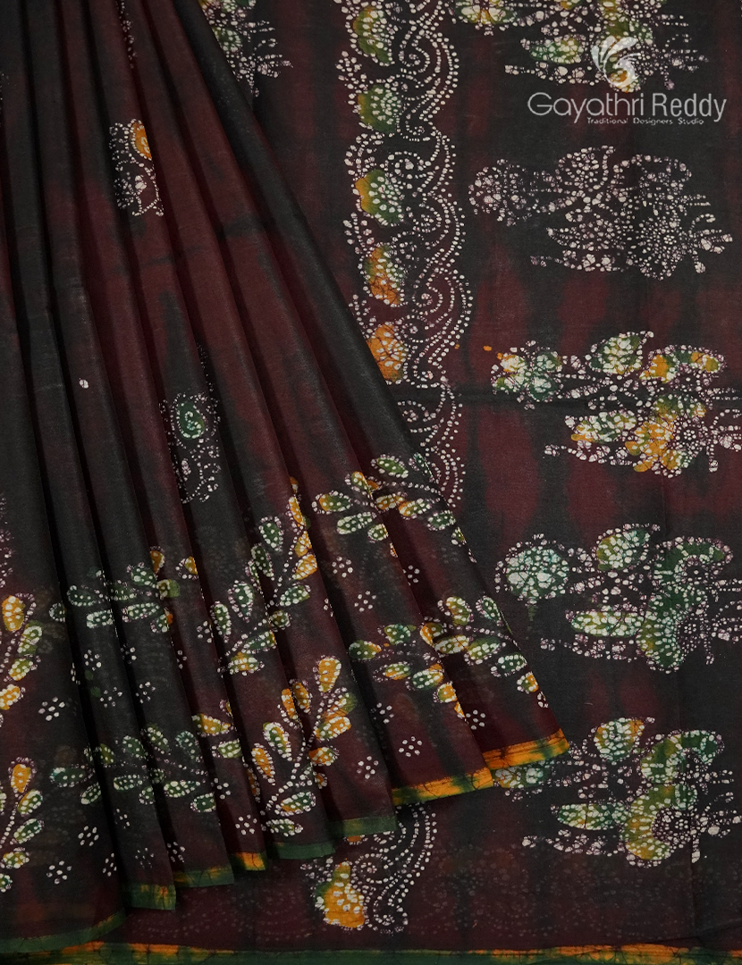 Cotton Batik Print Saree in Choco Brown