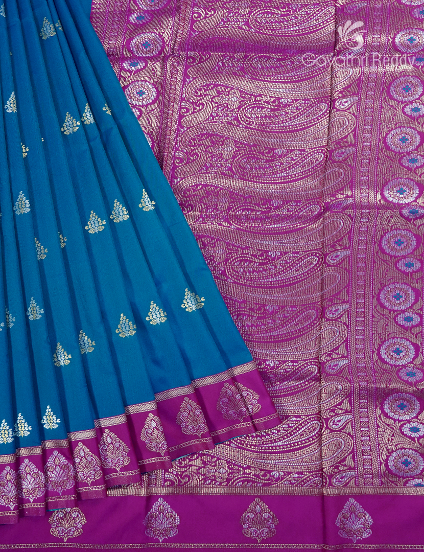 Semi Kanchipuran Silk Saree in Deep Rama Blue and  Magenta