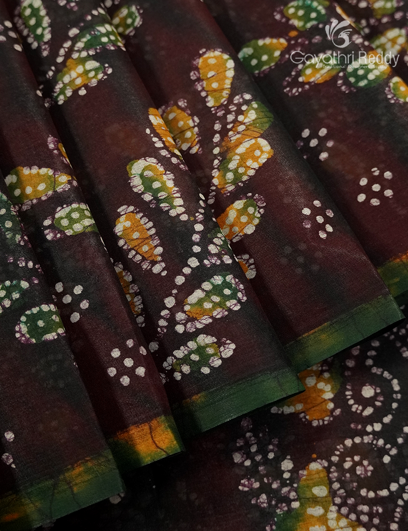 Cotton Batik Print Saree in Choco Brown