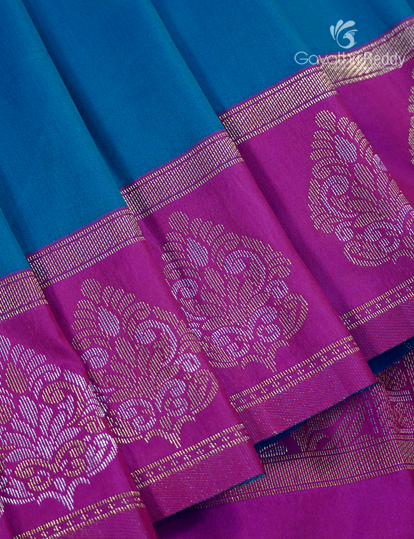 Semi Kanchipuran Silk Saree in Deep Rama Blue and  Magenta