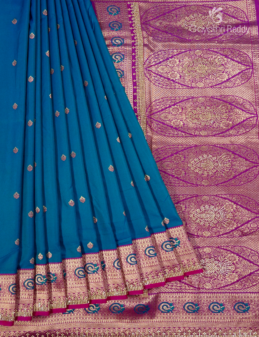 Semi Kanchipuram Silk Fancy Saree in Deep Peacock Blue and Deep Magenta