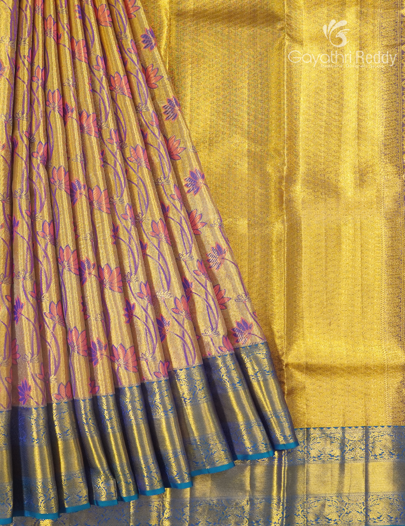Pure Kanchipuram Silk Bridal Saree in Gold and Peacock blue