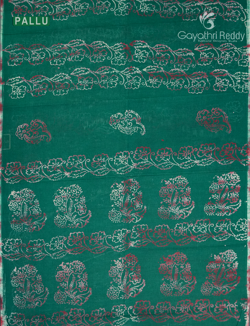 Cotton Batik Print Saree in Teal Green