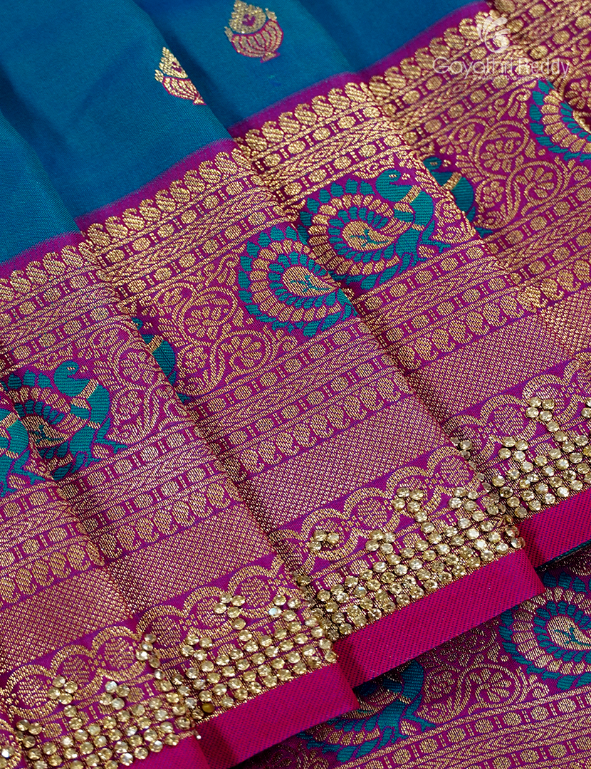 Semi Kanchipuram Silk Fancy Saree in Deep Peacock Blue and Deep Magenta