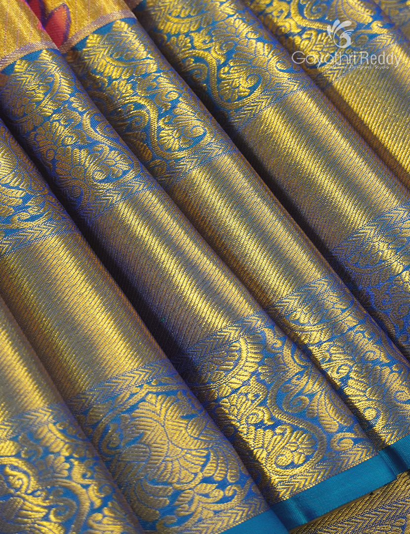 Pure Kanchipuram Silk Bridal Saree in Gold and Peacock blue