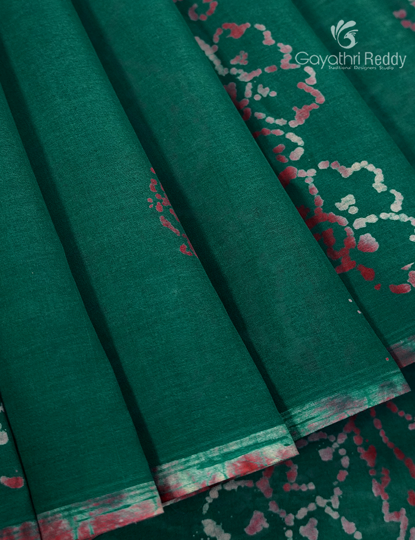 Cotton Batik Print Saree in Teal Green