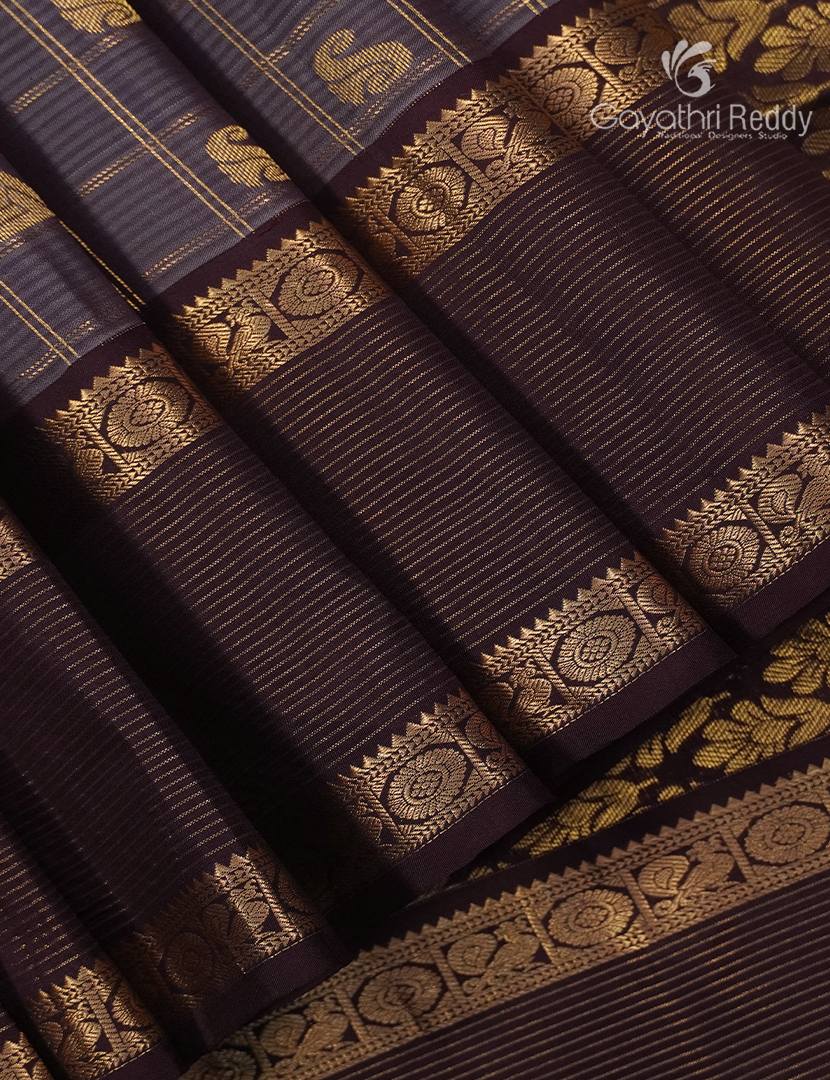 Pure Kanchipuram Vintage Silk Saree in Grey and Brown