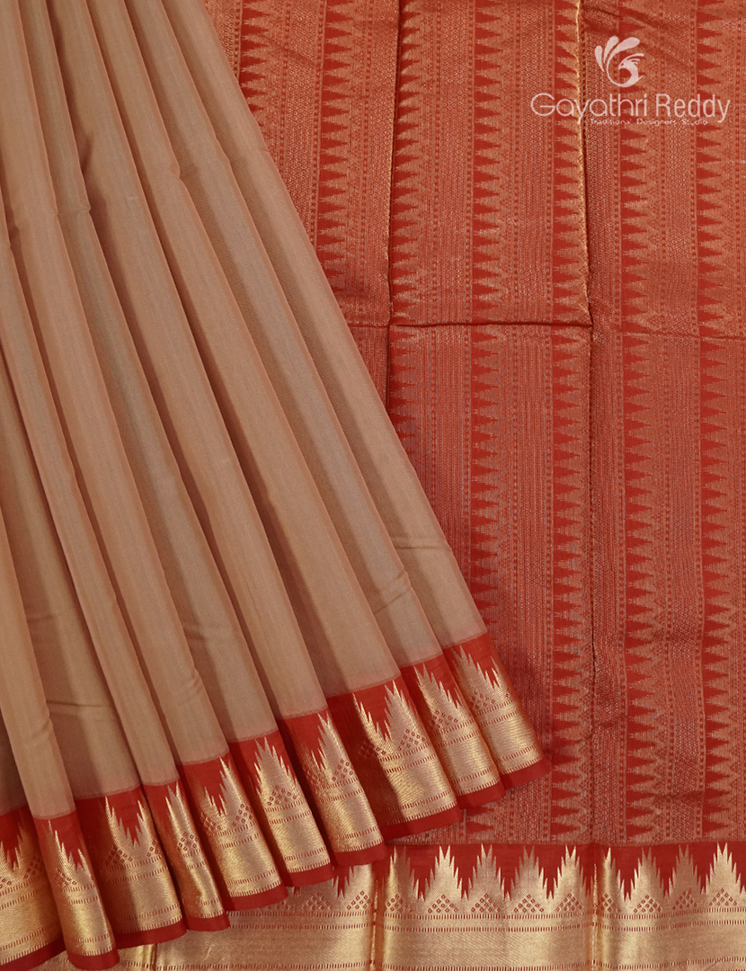 Pure Kanchipuram Sico Saree in Pastel Beige and Red