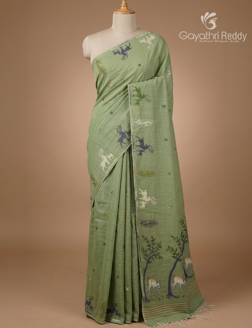 Jamdani Cotton Saree in Cardamom Green